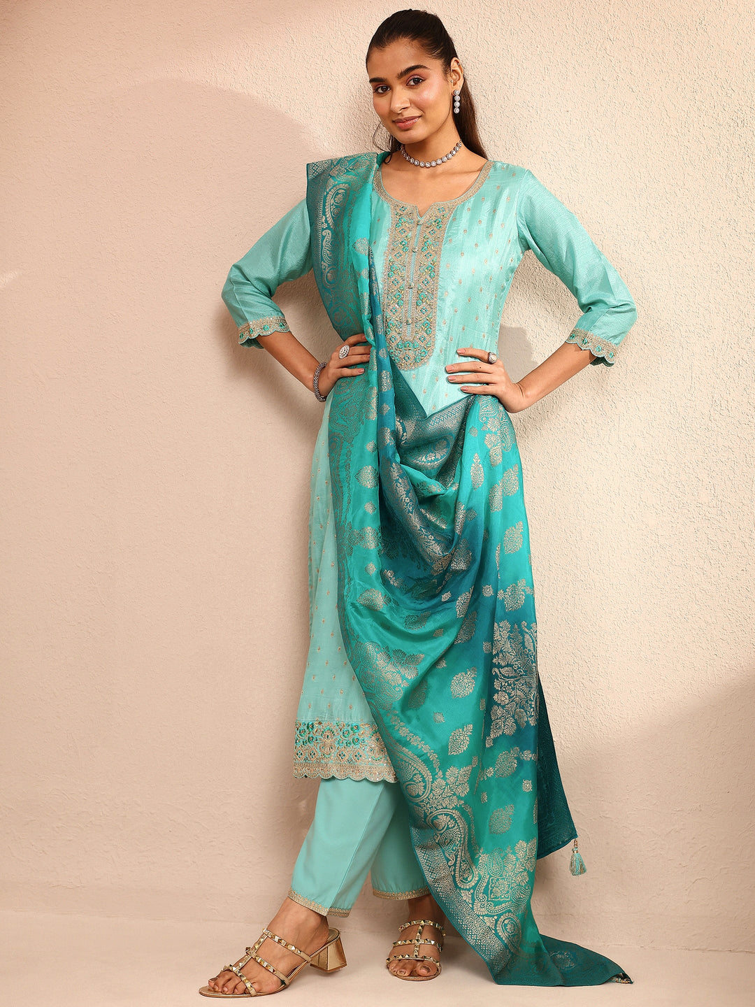 Blue Embroidered Silk Blend Straight Suit Set With Dupatta