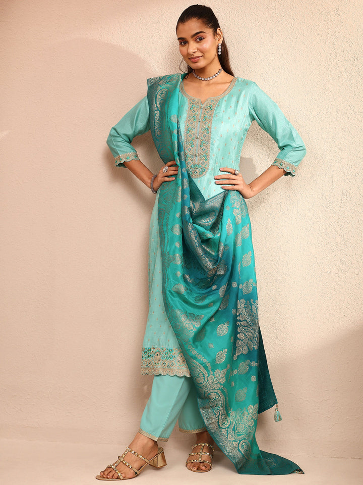 Blue Embroidered Silk Blend Straight Suit Set With Dupatta