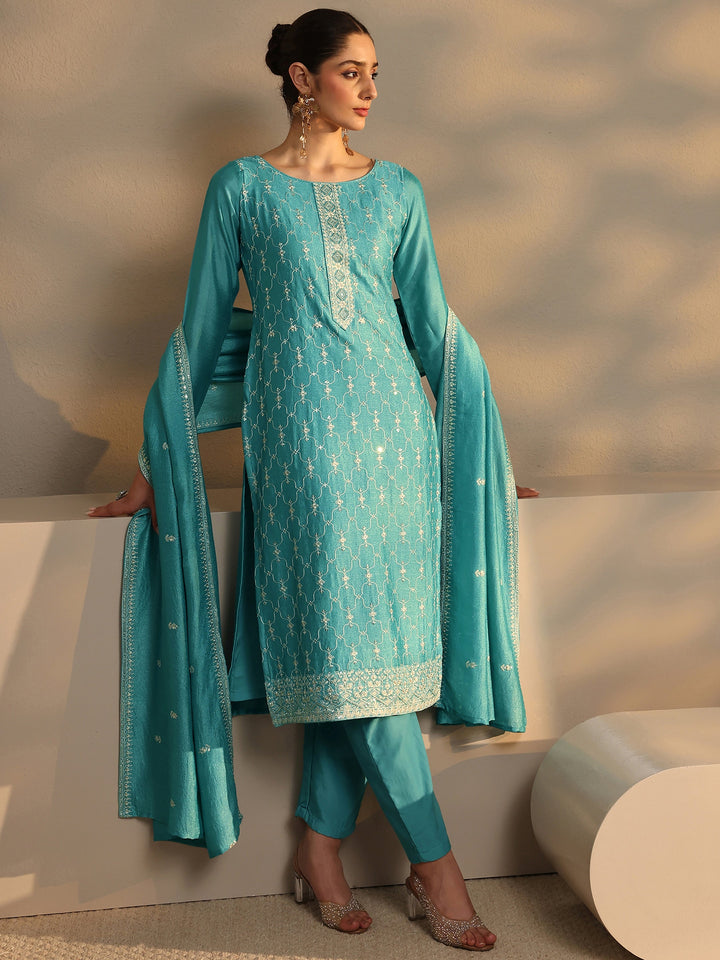 Blue Embroidered Silk Blend Straight Suit Set With Dupatta