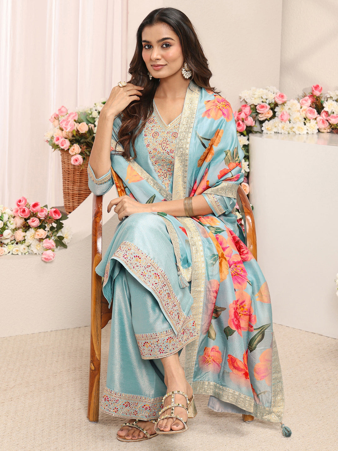 Blue Embroidered Silk Blend Straight Suit Set With Printed Dupatta