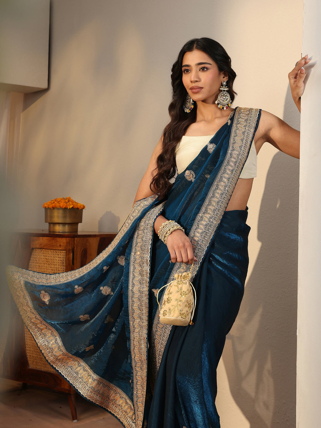Blue Ethnic Embellished Tissue Saree