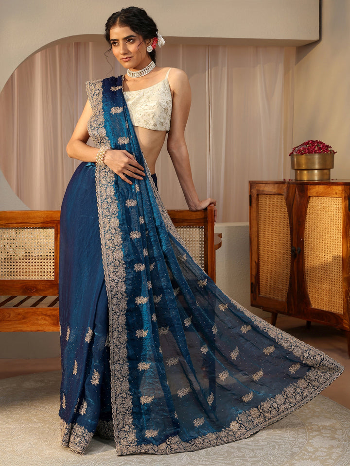 Blue Ethnic Embellished Tissue Saree