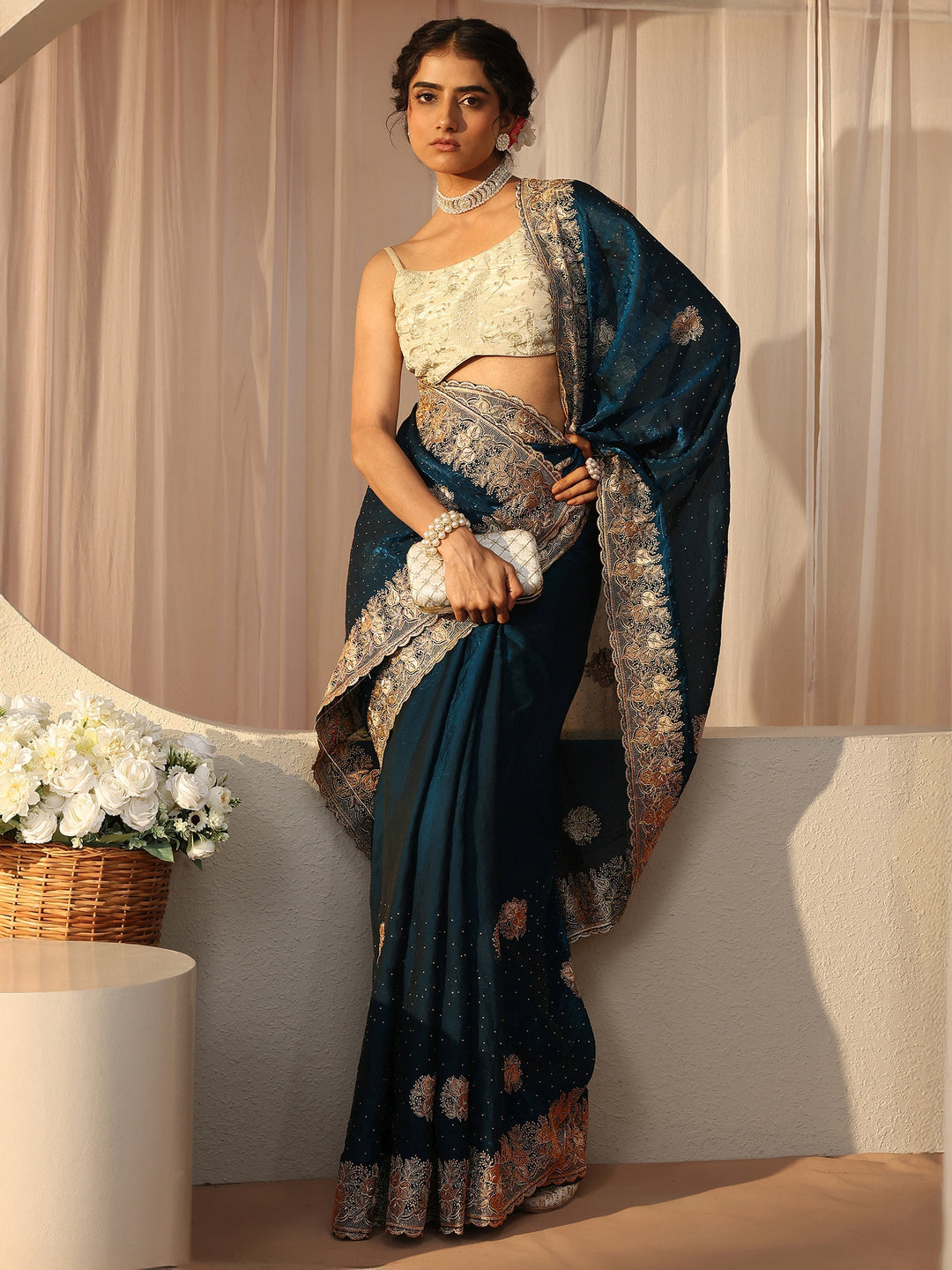 Blue Ethnic Embellished Tissue Saree