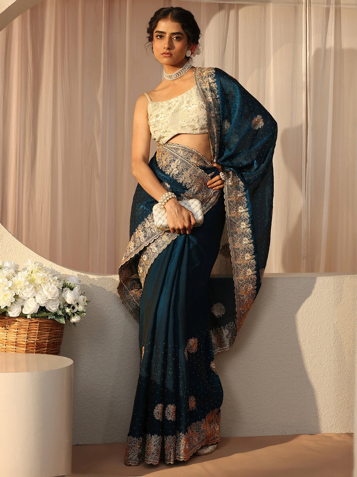 Blue Ethnic Embellished Tissue Saree
