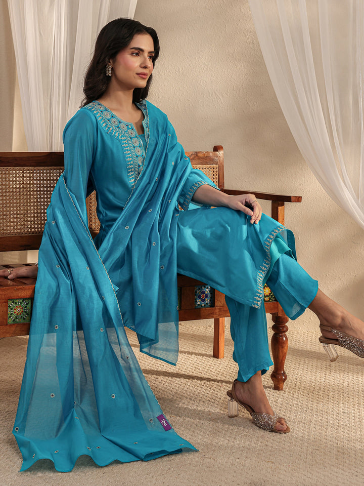 Blue Ethnic Embroidered Chanderi Silk Straight Suit Set With Dupatta