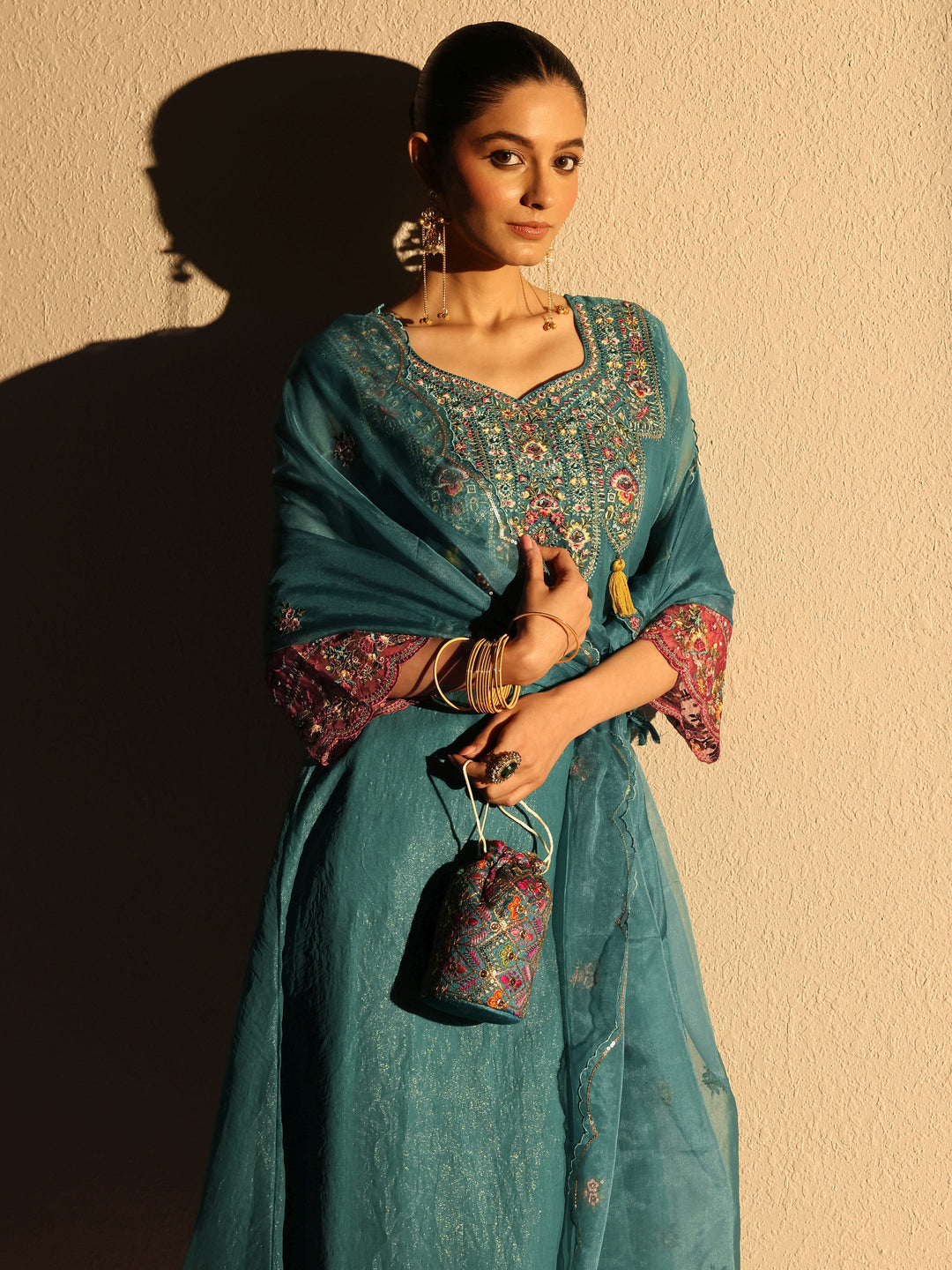 Blue Ethnic Embroidered Organza A-Line Suits Set With Dupatta