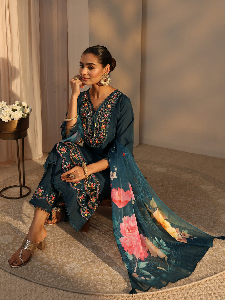 Blue Ethnic Embroidered Silk Blend A-Line Suits Set With Dupatta