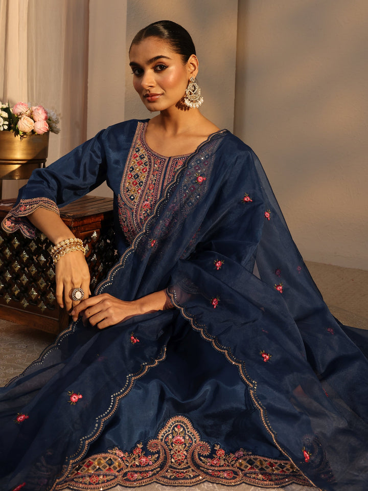 Blue Ethnic Embroidered Silk Blend Straight Suits Set With Dupatta