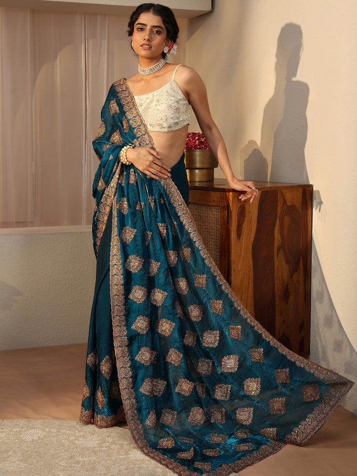 Blue Ethnic Embroidered Tissue Saree