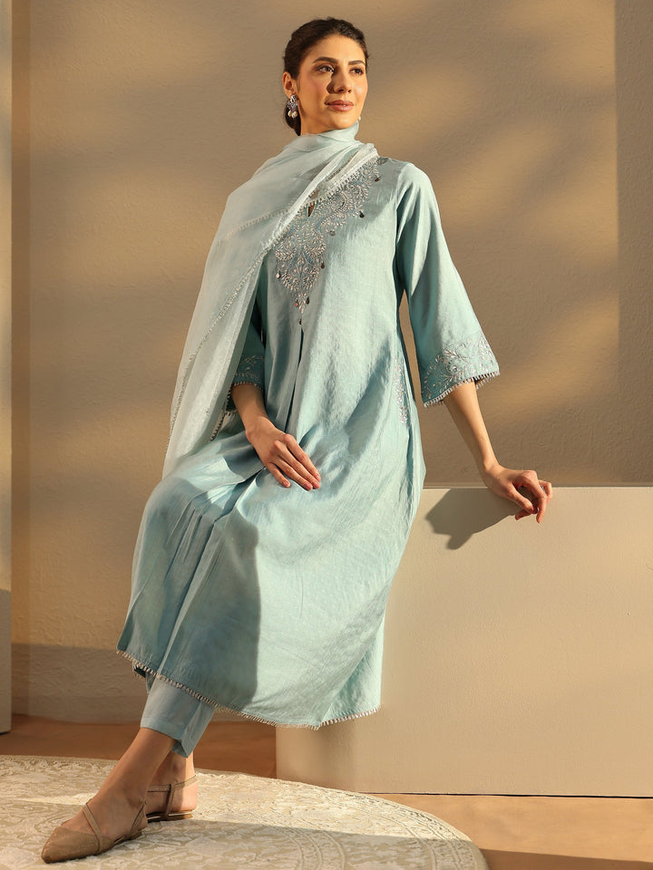 Blue Ethnic Motif Embroidered Silk Blend A-Line Suit Set With Dupatta
