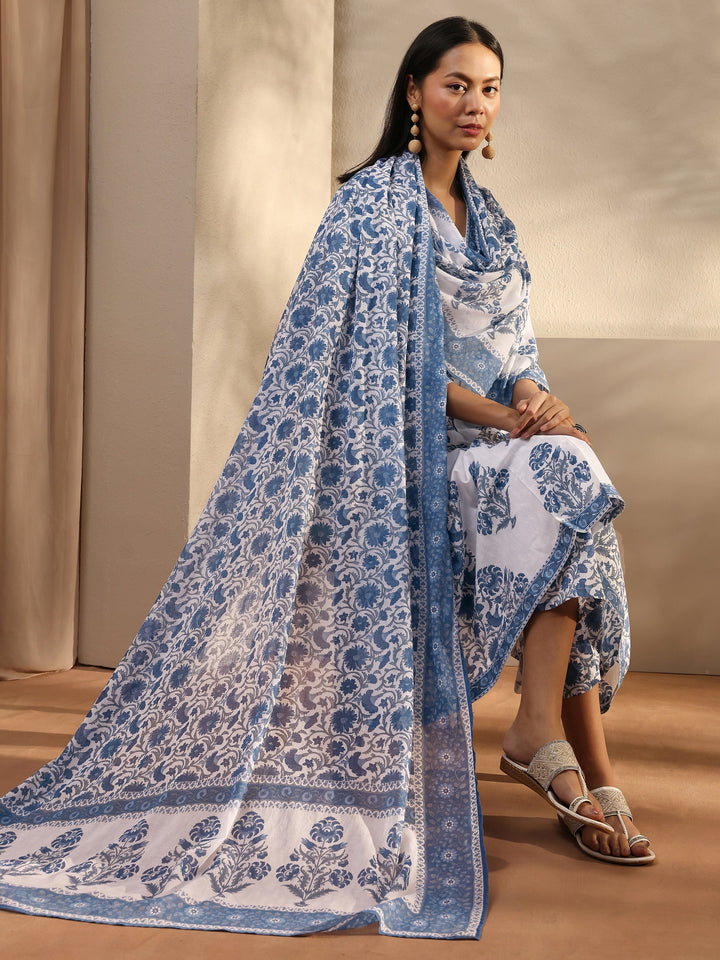 Blue Ethnic Motif Printed Cotton A-Line Suit Set With Dupatta