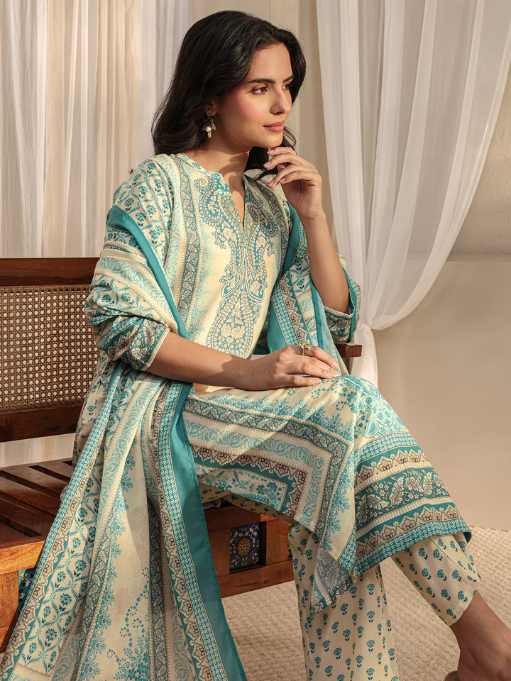 Blue Ethnic Motif Printed Cotton Blend Straight Suit Set With Dupatta