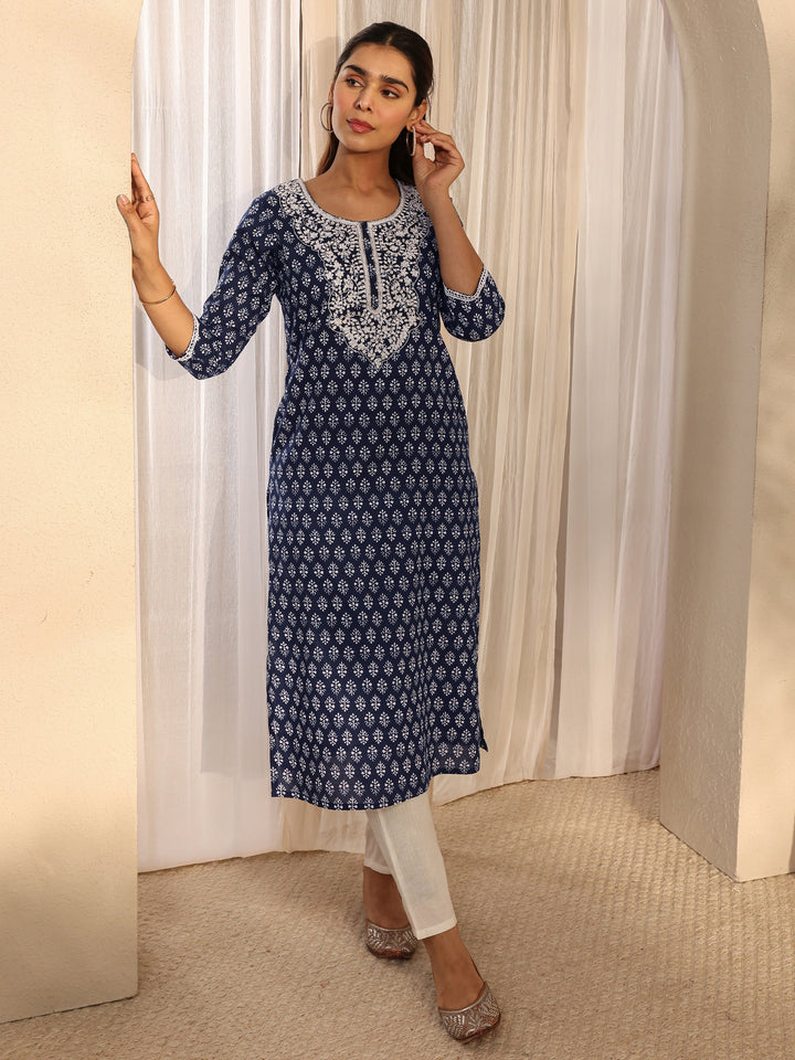 Blue Ethnic Motif Printed Cotton Straight Kurta