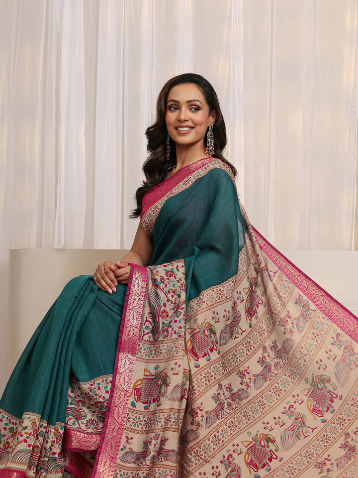 Blue Ethnic Motif Printed Silk Blend Saree 
With Unstitched Blouse Piece