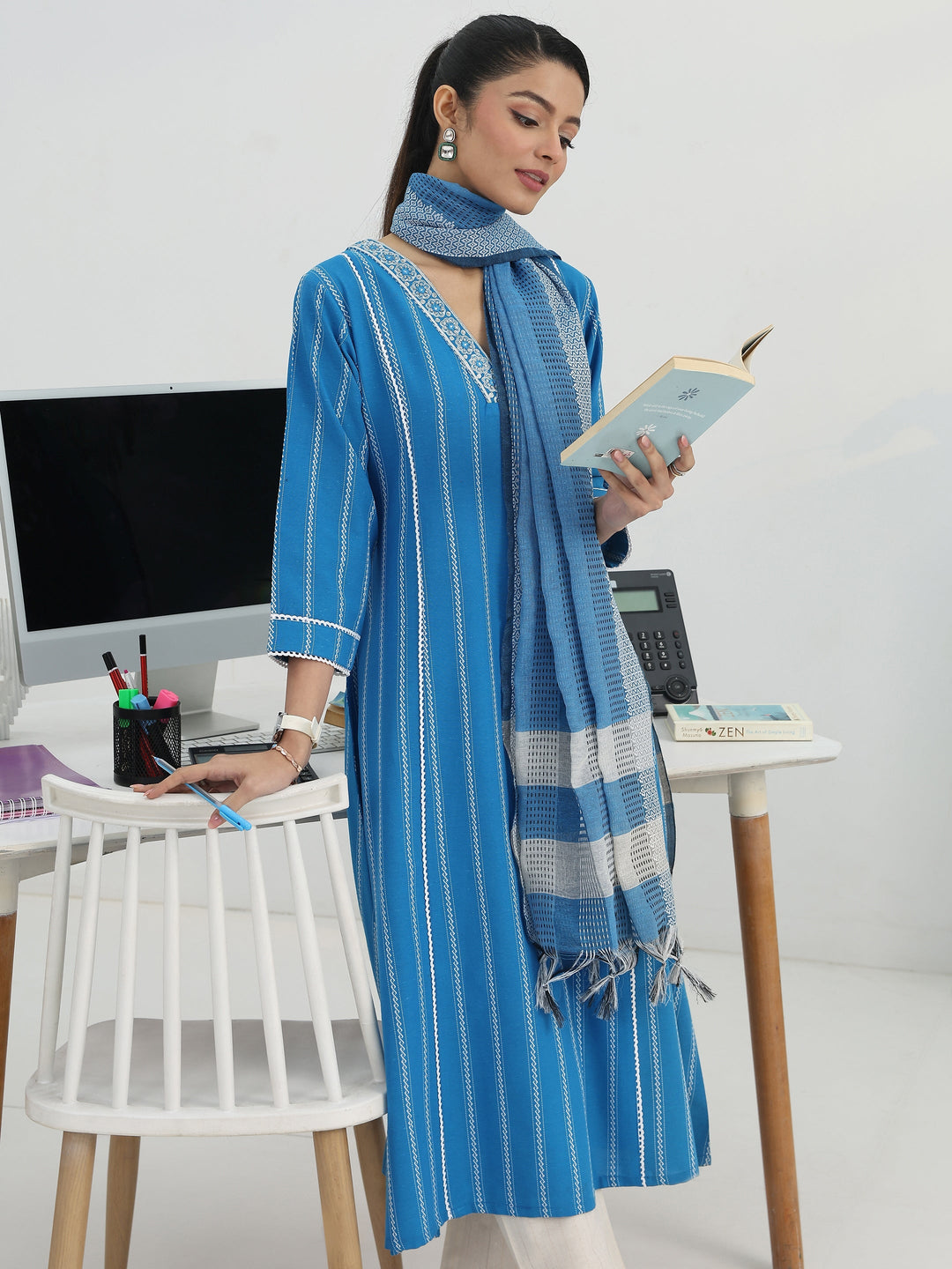 Skyline Stripes Blue Cotton Blend Straight Suit Set