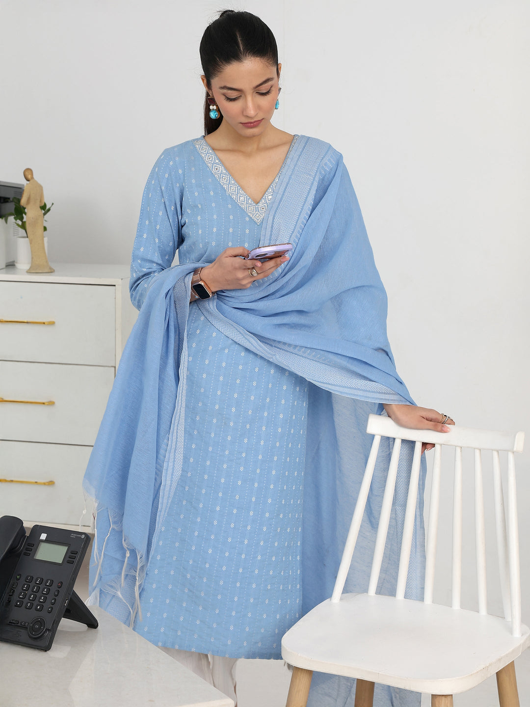 Blue Ethnic Motif Woven Design Cotton Blend Straight Suit Set With Dupatta