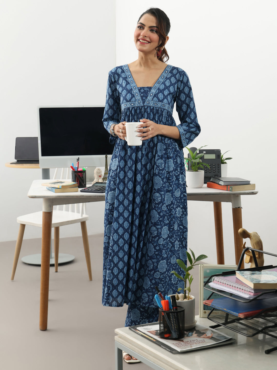 Blue Ethnic Motifs Printed Cotton Blend A-Line Kurta Set