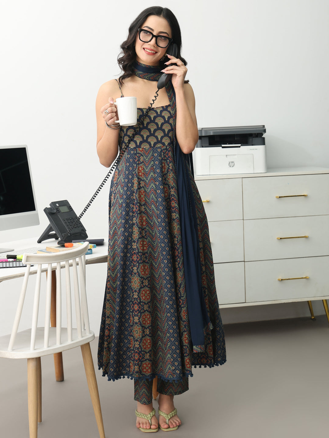 Blue Ethnic Motifs Printed Cotton Blend A-Line Suit Set With Dupatta