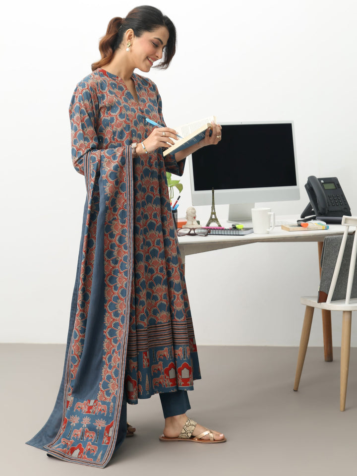 Blue Ethnic Motifs Printed Cotton Blend A-Line Suit Set With Dupatta
