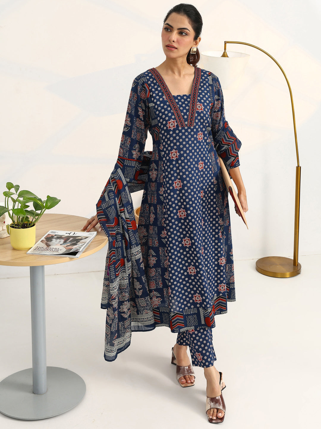 Blue Ethnic Motifs Printed Cotton Blend A-Line Suit Set With Dupatta