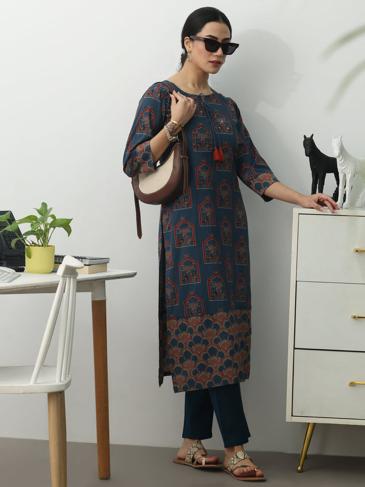 Blue Ethnic Motifs Printed Cotton Blend Straight Kurta Set