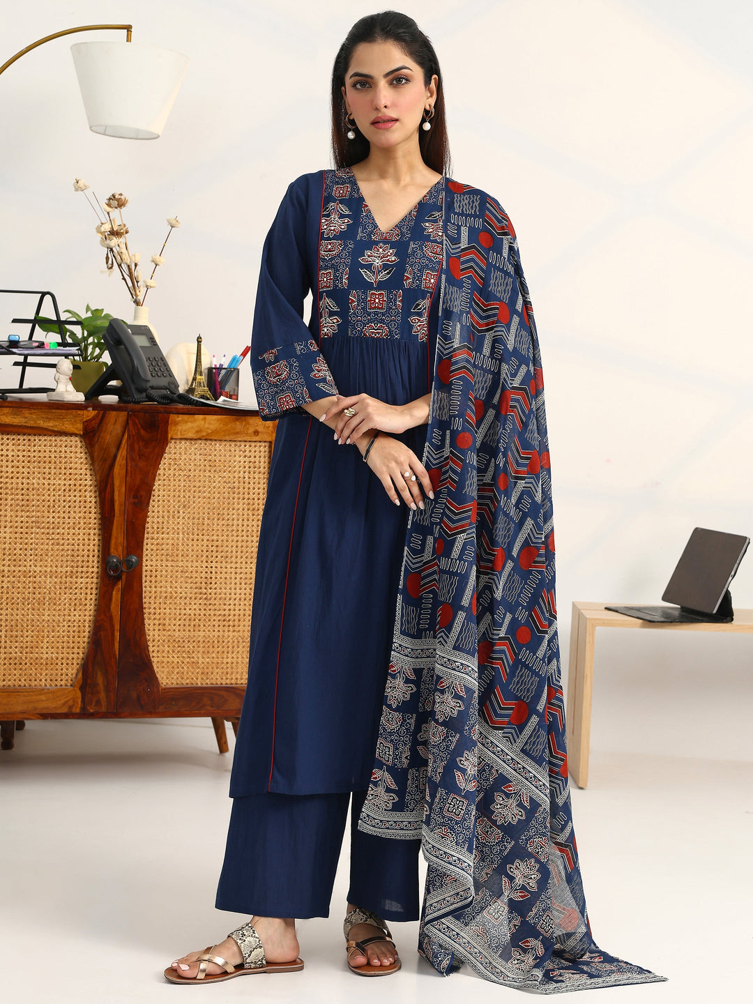 Blue Ethnic Motifs Yoke Design Cotton Blend A-Line Suit Set With Dupatta