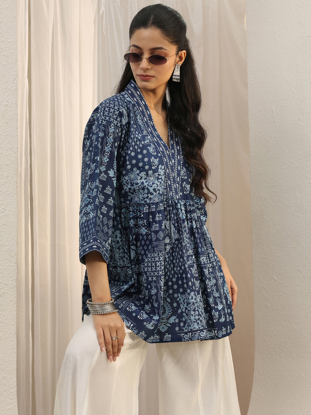 Blue Ethnic Printed Cotton A-Line Short Kurti