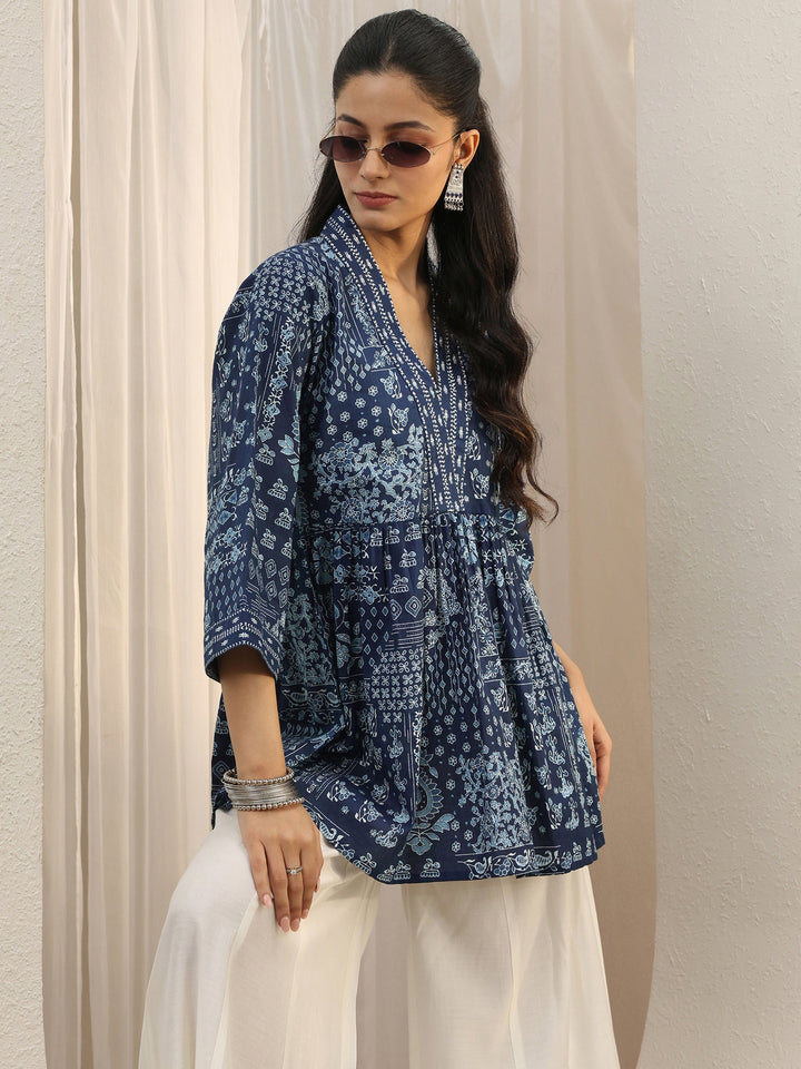 Blue Ethnic Printed Cotton A-Line Short Kurti