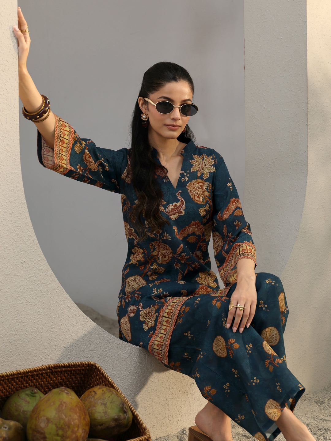 Blue Ethnic Printed Cotton Blend Co-Ord Set