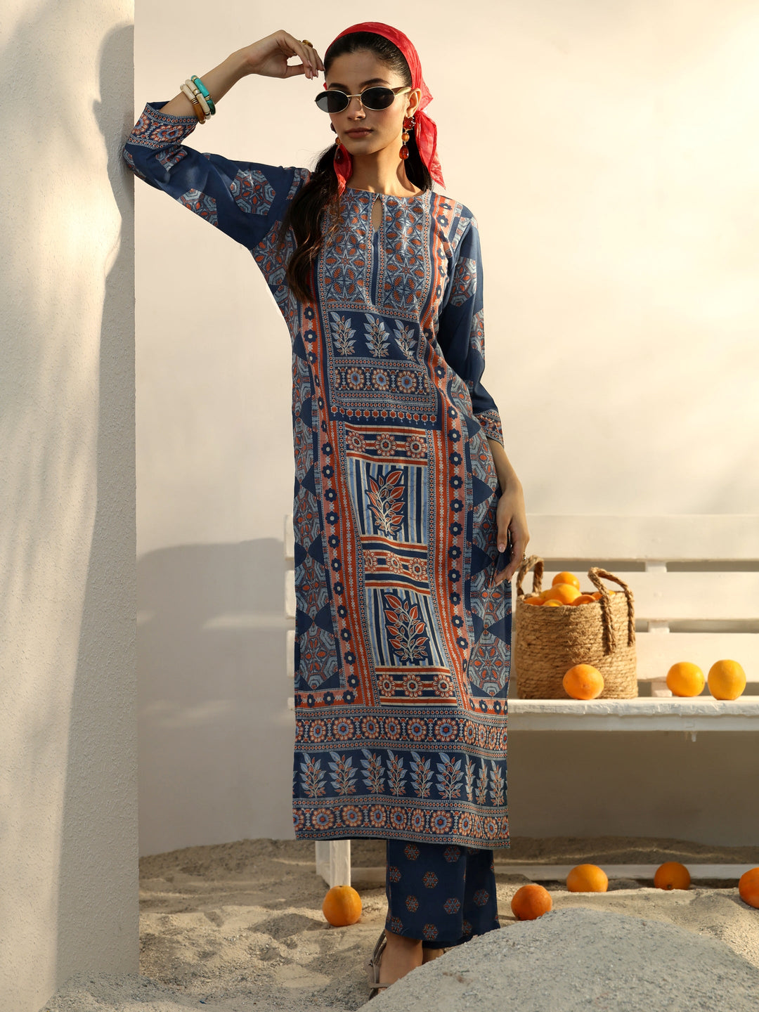 Blue Ethnic Printed Cotton Blend Straight Kurta Set