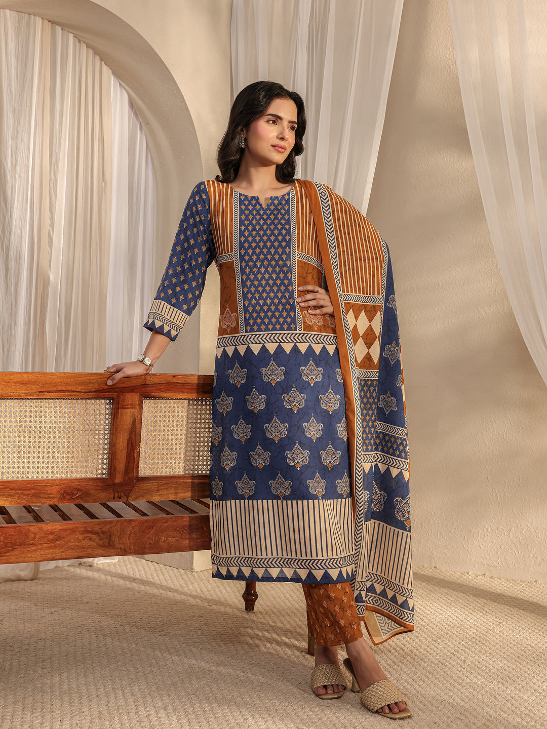 Blue Ethnic Printed Cotton Blend Straight Suit Set With Dupatta