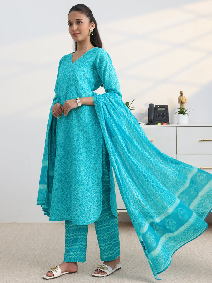 Blue Ethnic Printed Cotton Blend Straight Suit Set With Dupatta