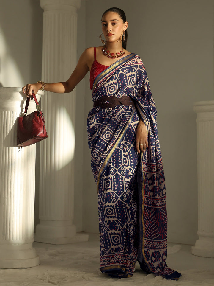 Blue Ethnic Printed Cotton Saree
