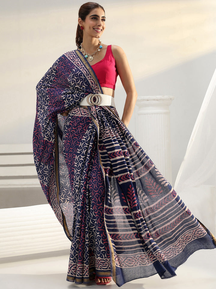 Navy Abstract Dabu Print Cotton Saree