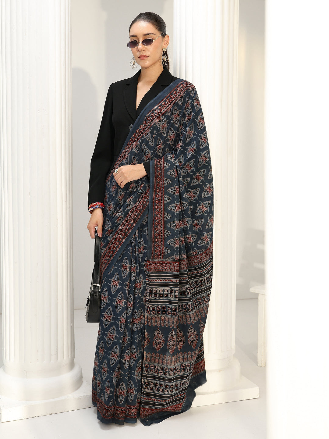 Blue Ajrakh Print Cotton Saree