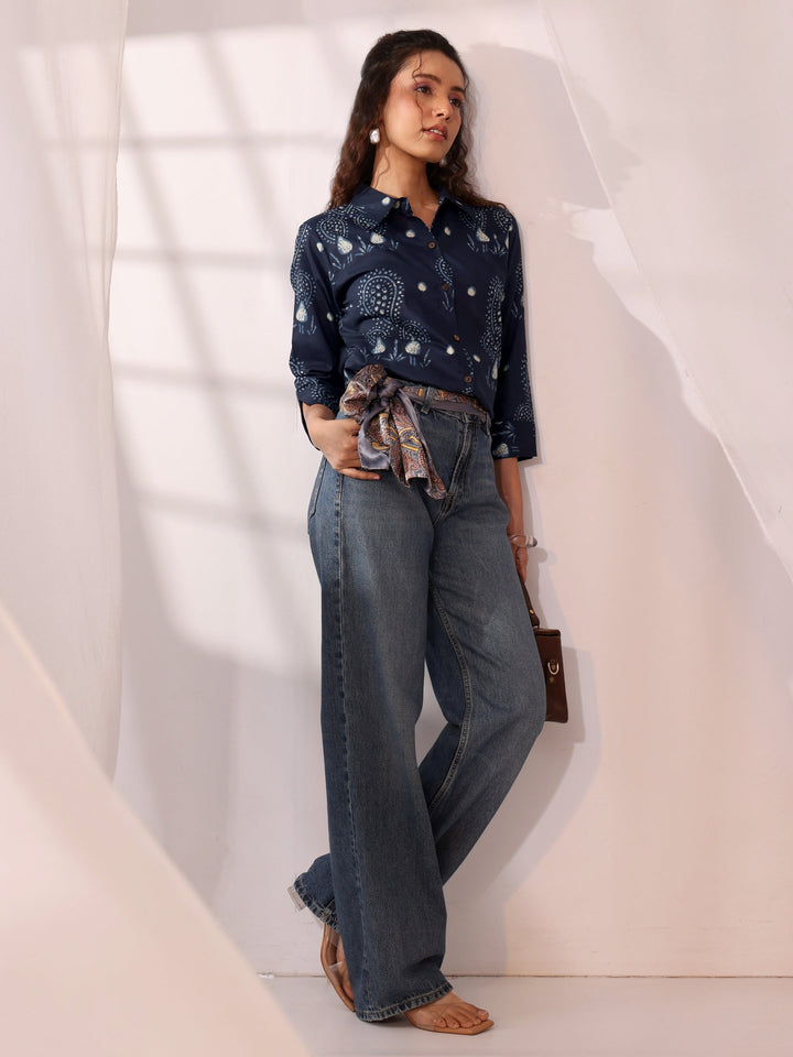 Libas Navy Blue Ethnic Printed Cotton Shirt