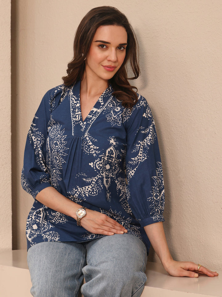 Blue Ethnic Printed Cotton Straight Short Kurti