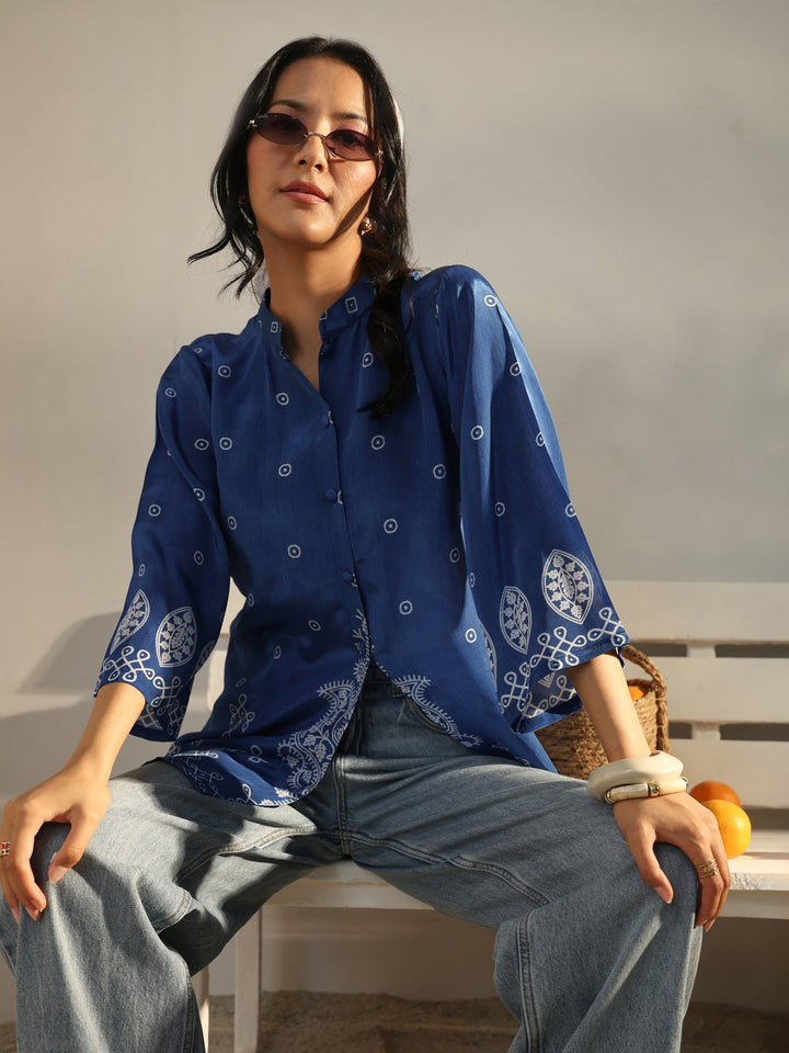 Blue Ethnic Printed Crepe Shirt