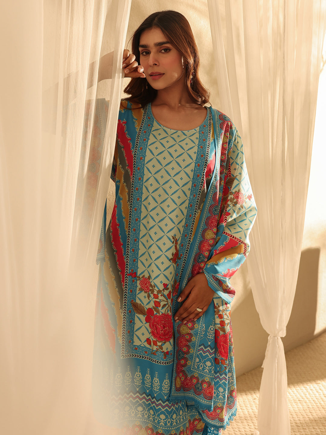 Blue Ethnic Printed Crepe Straight Suit Set With Dupatta