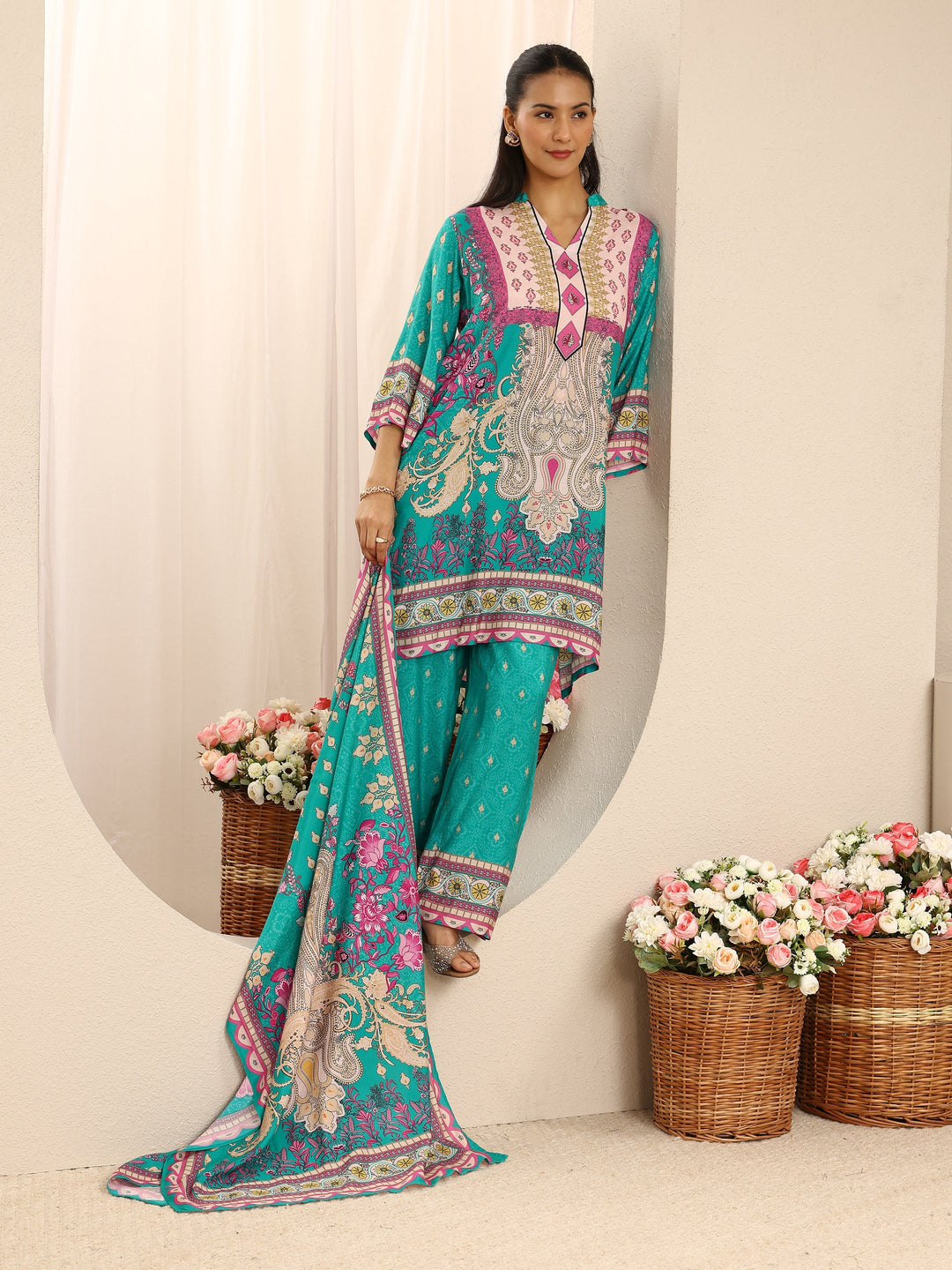 Blue Ethnic Printed Muslin Straight Suit Set With Dupatta