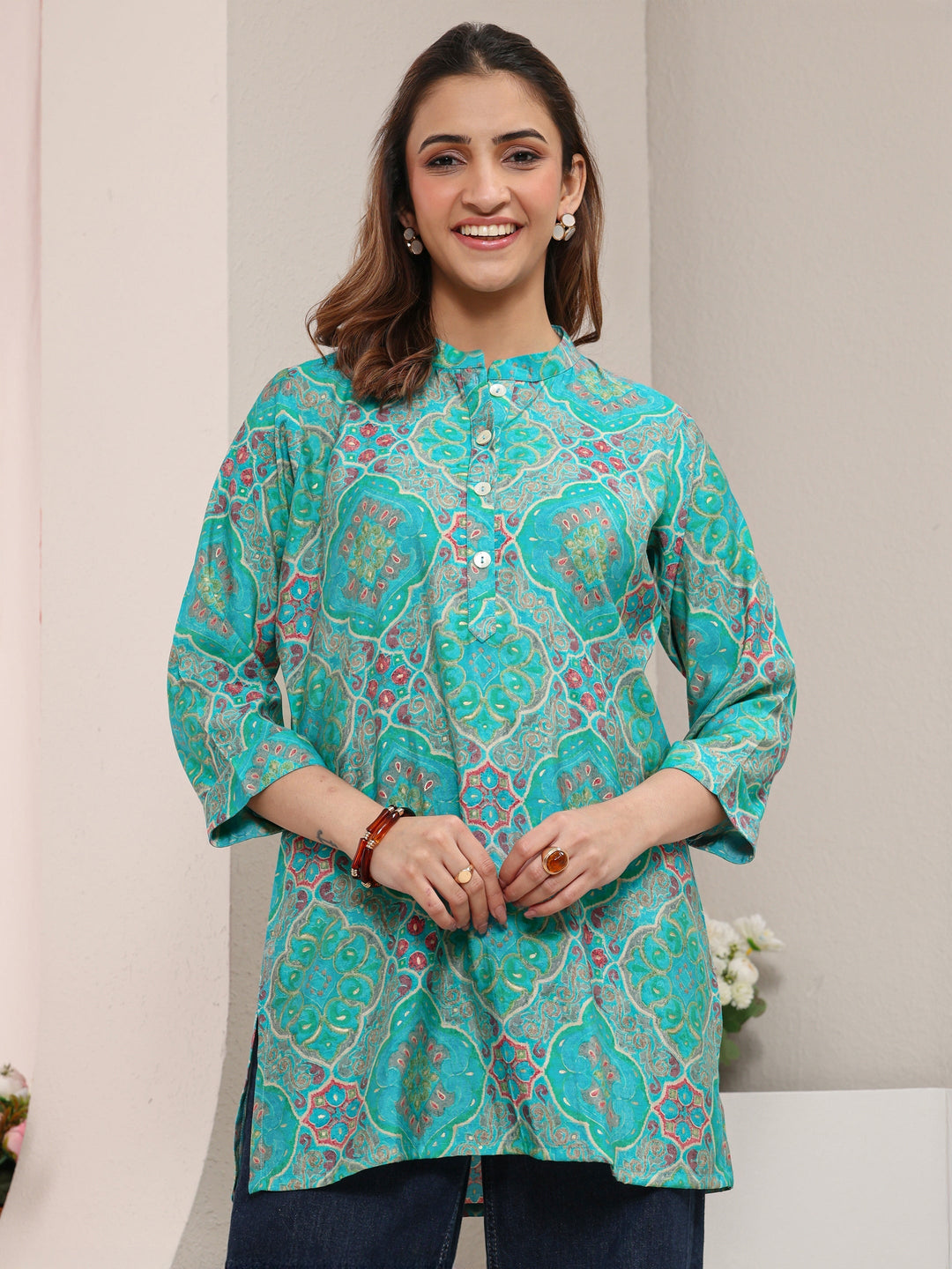 Blue Ethnic Printed Silk Blend Straight Short Kurti