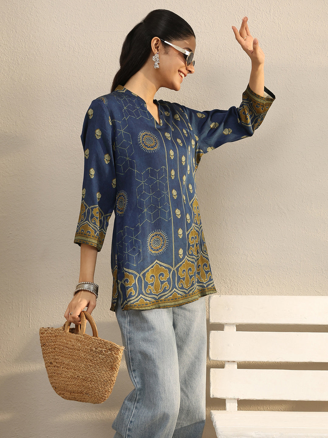 Blue Ethnic Printed Silk Blend Straight Short Kurti