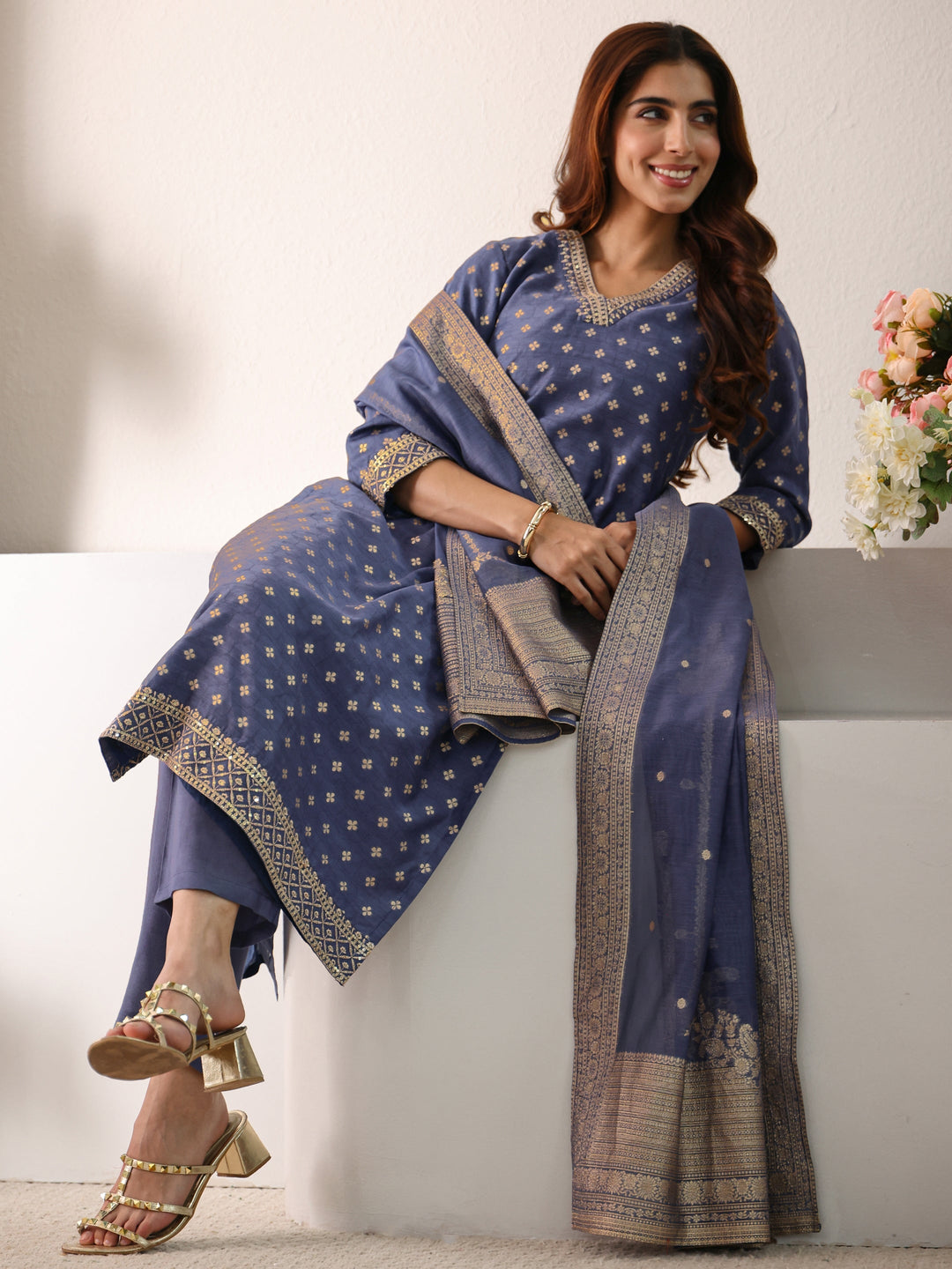 Blue Ethnic Woven Design Chanderi Silk Straight Suit Set With Dupatta