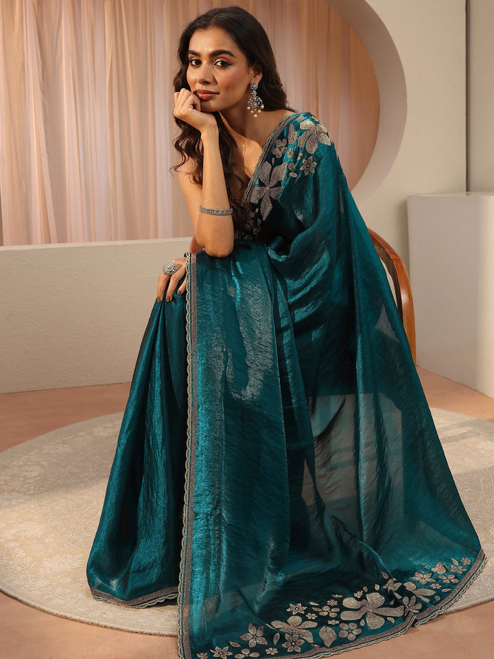 Blue Floral Embellished Tissue Saree