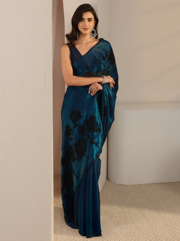 Libas Blue Floral Embellished Tissue Saree With Unstitched Blouse Piece