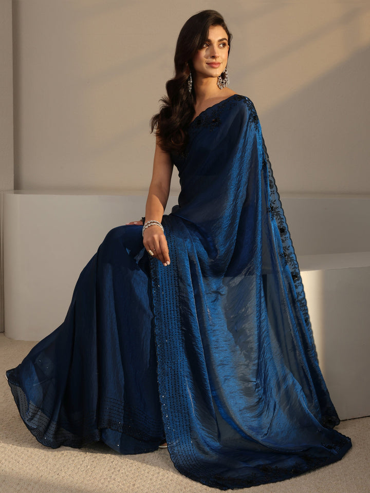Libas Blue Floral Embellished Tissue Saree With Unstitched Blouse Piece