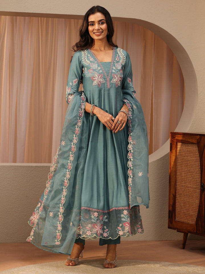 Blue Floral Embroidered Chanderi Silk Anarkali Suit Set