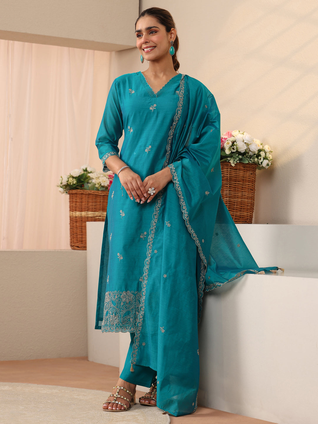 Blue Floral Embroidered Chanderi Silk Straight Suit Set