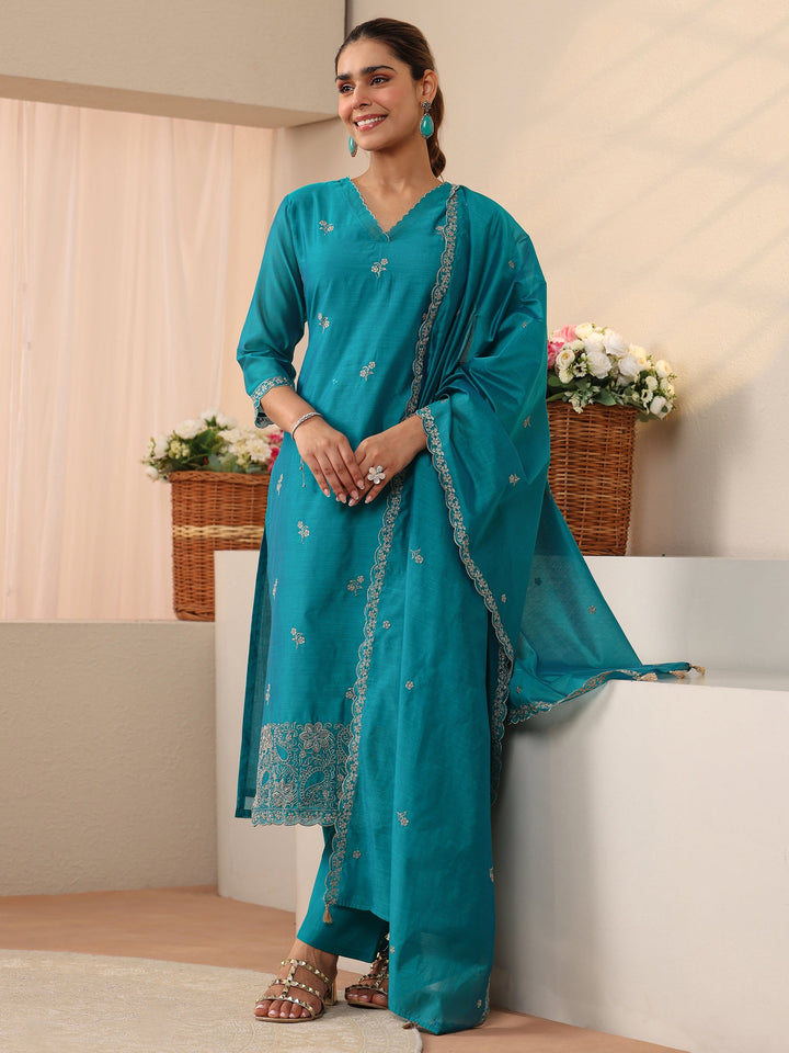 Blue Floral Embroidered Chanderi Silk Straight Suit Set