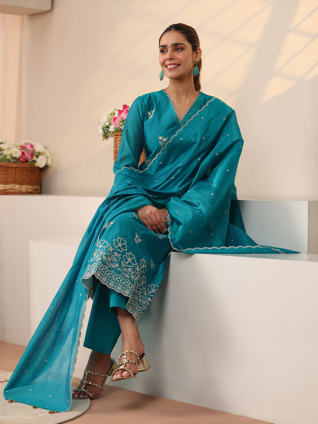 Blue Floral Embroidered Chanderi Silk Straight Suit Set